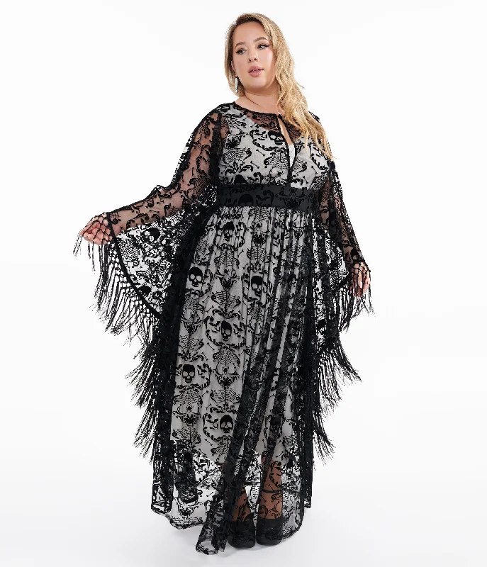 Unique Vintage Plus Size 1960s Black Baroque Skull Burnout Fringe Flutter Sleeve Caftan