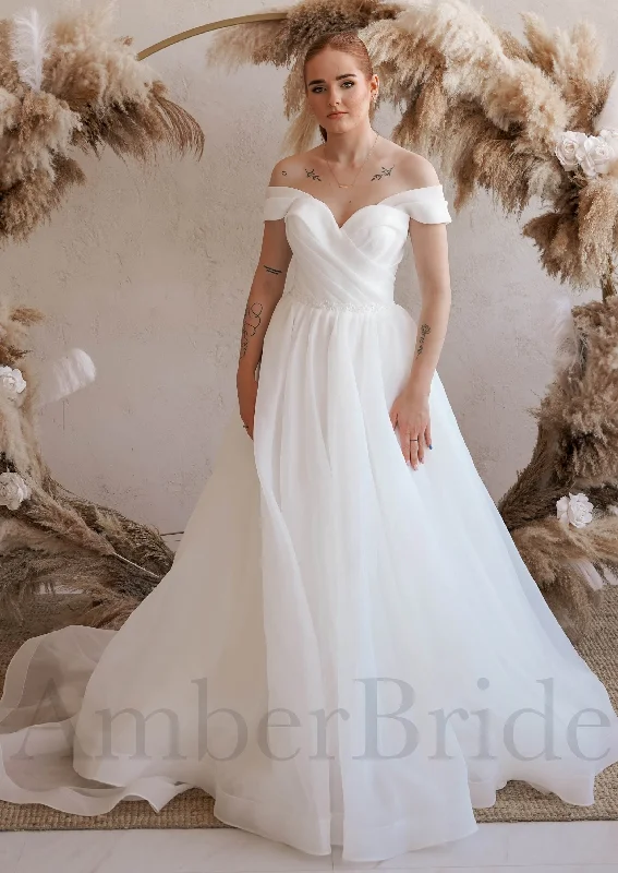 A Line Organza Wedding Dress with Off Shoulder Sweetheart Neckline