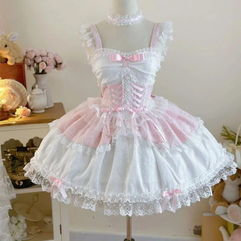 LIZAKOSHT  -  Japan Sweet Lolita Jsk Mini Dress Women Elegant Cute Bow Lace Bandage Princess Strap Dresses Girls Y2k Gothic Tea Party Dress