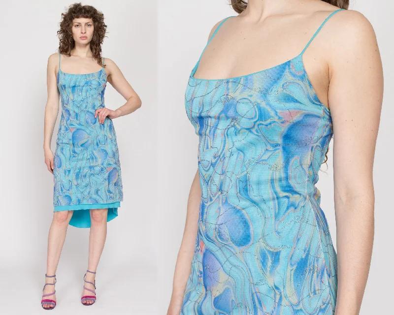 Sm-Med Y2K Blue Metallic Swirl High-Low Party Dress