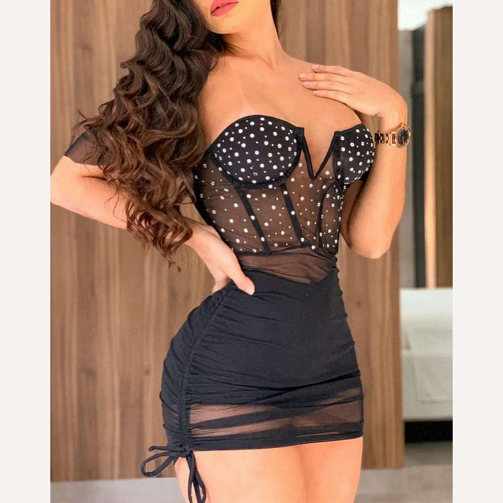 Summer Women Sexy Strapless Off Shoulder Rhinestone Mesh Patchwork Bodycon Mini Party Dresses