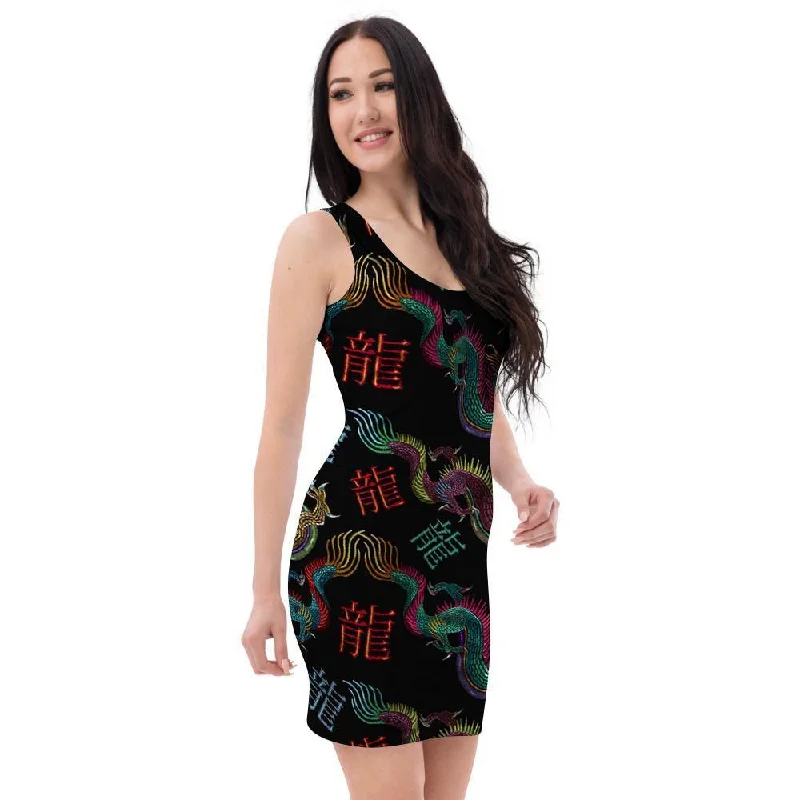 Chinese Dragon Character Print Bodycon Dress