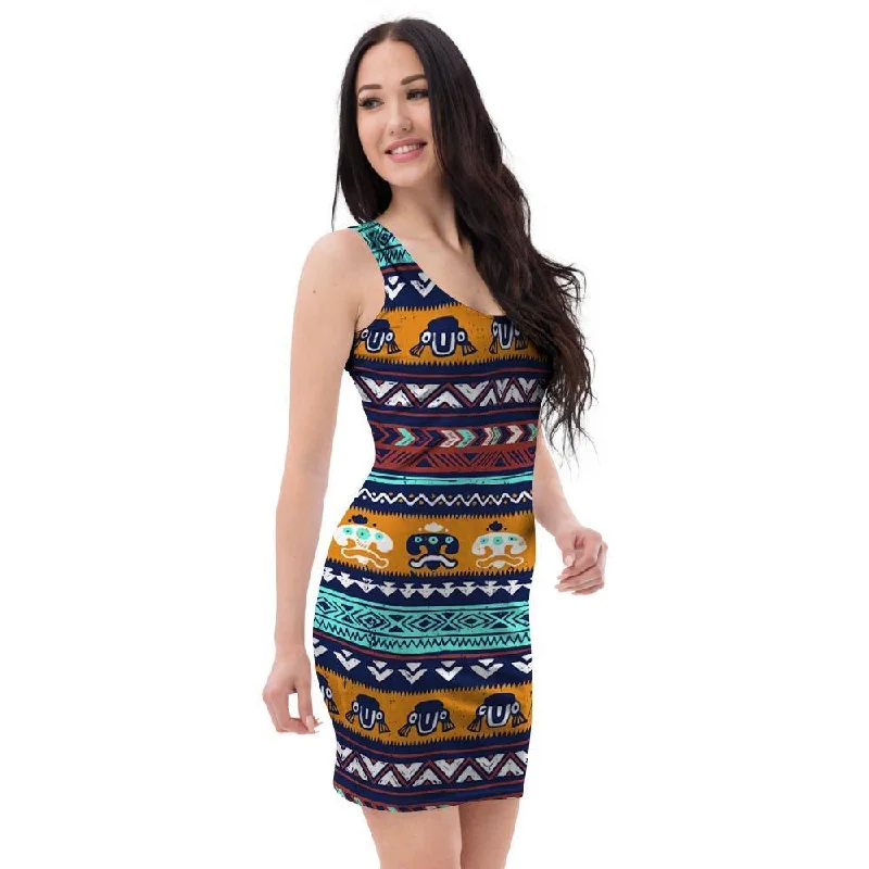 Colorful Neon Ethic Aztec Maya Print Bodycon Dress